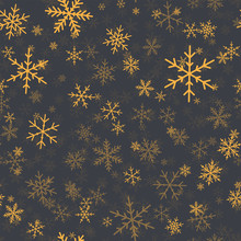 Orange Snowflakes Seamless Pattern On Grey Christmas Background. Chaotic Scattered Orange Snowflakes. Captivating Christmas Creative Pattern. Vector Illustration.