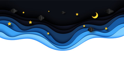 Wall Mural - Night scenery with clouds,stars and crescent moon on midnight sky background paper art style design.Vector illustration.