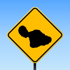 Maui map on road sign. Square poster with Maui island map on yellow rhomb road sign. Vector illustration.