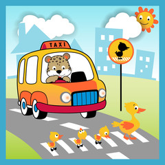 Wall Mural - Driving in the road city with cute animals, vector cartoon illustration