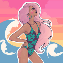 Vector Beautiful Slender Girl In A Bright Bathing Suit On The Beach, Against A Background Of A Pink Sunset And Sea Waves
