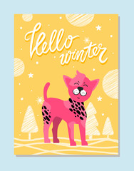  Hello Winter Poster with Spotted Pink Dog Symbol