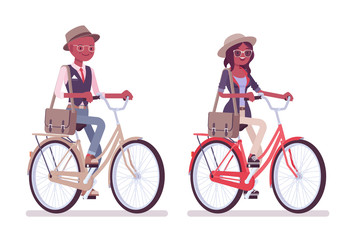 Wall Mural - Black intelligent smart casual man and attractive woman riding bike