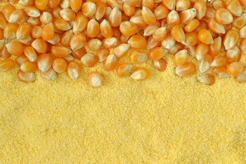 Wall Mural - Dry corn kernels and corn flour background