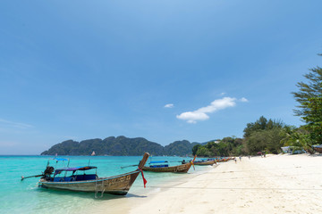 PHI-PHI ISLAND, KRABI, THAILAND ,Longtrail boats on port, Koh Phi Phi Don in andaman sea, Phuket, Krabi, South of Thailand.