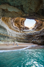 Algarve, Portugal - August 8, 2017: Rock Cave With Hole, Benagil, Algarve, Portugal