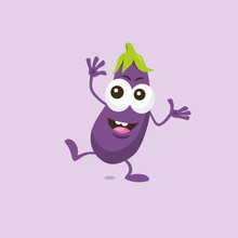 Illustration Of Cute Happy Eggplant Mascot Standing On One Foot With Big Smile Isolated On Light Background. Flat Design Style For Your Mascot Branding.