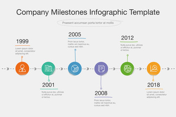 Aufkleber - Vector infographic for company milestones timeline template in doodle style with colorful stickers and icons isolated on light background. Easy to use for your website or presentation.