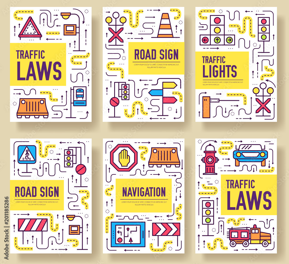Traffic light day vector brochure cards thin line set. Urban template ...