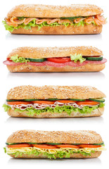 Wall Mural - Collection of sub sandwiches with salami ham cheese salmon fish lateral portrait format isolated on white