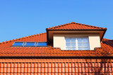 Fototapeta Konie - New, modern roof of red ceramic tiles, Dormer window protruding above the roof and three skylights.