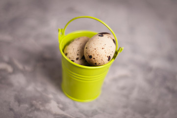 Sticker - One green metal bucket with handle full of spotted fresh quail eggs on old broken worn gray cement floor