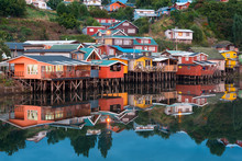 Traditional Stilt Houses Know As Palafitos In The City Of Castro At Chiloe Island In Southern Chile