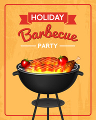 Barbecue grill elements set isolated on red background. BBQ party poster. Summer time. Meat restaurant at home. Charcoal kettle with tool, sauce and foods. Kitchen equipment for menu. Cooking outdoors