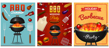 Barbecue Grill Elements Set Isolated On Red Background. BBQ Party Poster. Summer Time. Meat Restaurant At Home. Charcoal Kettle With Tool, Sauce And Foods. Kitchen Equipment For Menu. Cooking Outdoors