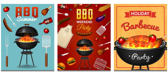 Barbecue grill elements set isolated on red background. BBQ party poster. Summer time. Meat restaurant at home. Charcoal kettle with tool, sauce and foods. Kitchen equipment for menu. Cooking outdoors