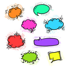 Set of doodle bright colorful cartoon empty retro comic speech bubbles in pop art style. Sketcy hand drawn message balloons for comics book or advertising text, web design, banners