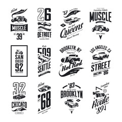 Wall Mural - Vintage muscle, roadster, hot rod and classic car vector t-shirt logo isolated set