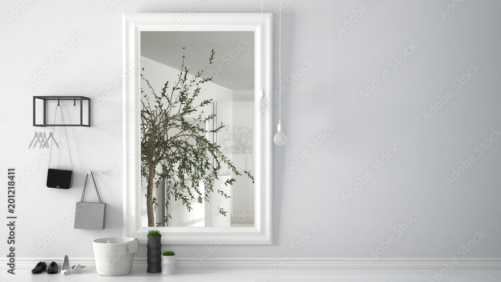 Scandinavian entrance lobby hall with mirror reflecting bright bathroom with olive tree, minimalist white interior design - obrazy, fototapety, plakaty 