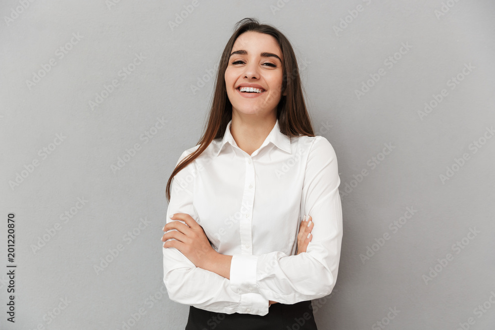 Portrait of caucasian woman with beautiful long brown hair in business ...