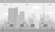 © ilyakalinin - Office workplace gray color background room large window with splendid view skyscrapers city. Flat color vector illustration