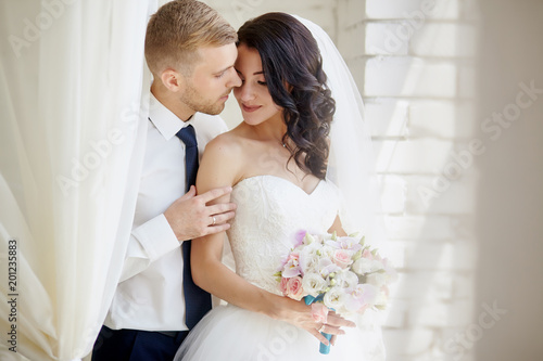 Wedding couple indoors is hugging each other. Beautiful model girl in white  dress. Man in suit. Beauty bride with groom. Female and male portrait.  Woman with lace veil. Stock Photo | Adobe