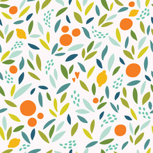 Lovely Colorful Vector Seamless Pattern With Cute Oranges, Lemons And Leaves In Bright Colors.