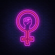 Female gender symbol neon sign vector. Feminism night light symbol, icon. Feminist protest symbol in neon style. Design a template for Equality