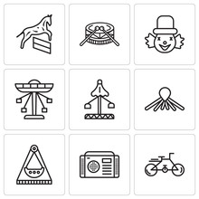 Set Of 9 Simple Editable Icons Such As Bike, Radio, Carousel, Balloon Dog, Fair, Carousel, Clown, Drums, Horse