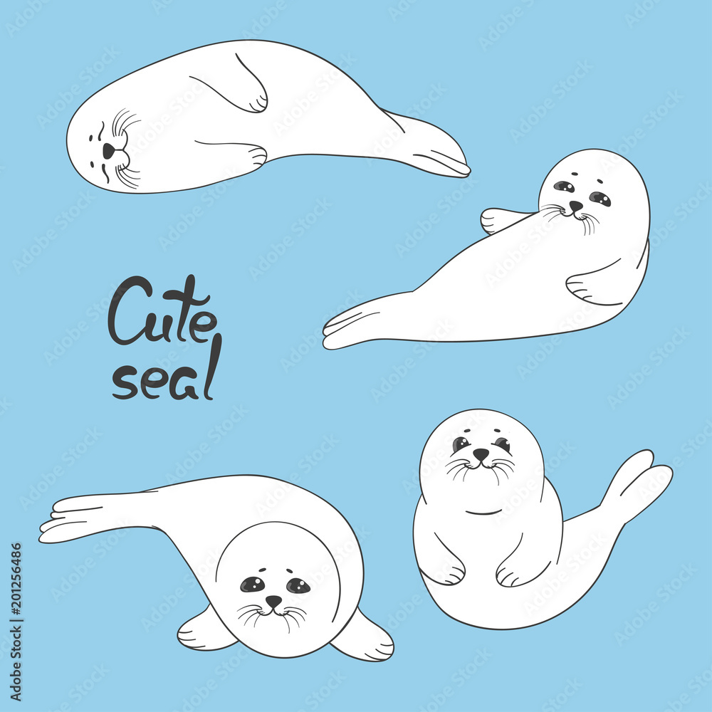 Cute baby seal pups set. Hand drawn vector cartoon characters. Stock ...