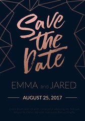 Wall Mural - Save the date wedding invitation with lettering and abstract elements. Rose gold calligraphy on navy blue background for engagement, wedding. Vector illustration