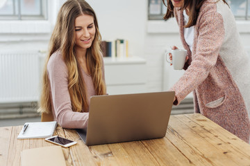 Poster - Two young women discussing over laptop in office