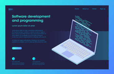 Wall Mural - software development and programming, program code on laptop screen, 3d isometric vector illustratio