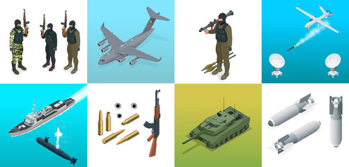 Isometric icons submarine, aircraft, soldiers. Set of military equipment flat high quality military vehicles transport.