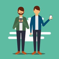 two man standing showing and using smartphone vector illustration