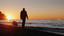 A Lonely Man Walks With A Dog Near The Lake Or The Sea At Sunset. Front View View, Slow Motion Video