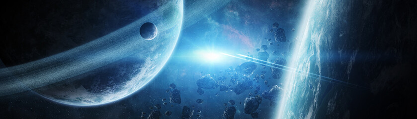 Wall Mural - Panoramic view of planets in distant solar system 3D rendering elements of this image furnished by NASA
