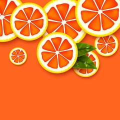 Wall Mural - Grapefruit background. Sliced grapefruits pieces with leaves and water drop. Vector illustration.