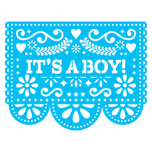 It's A Boy Papel Picado Vector Design - Mexican Folk Art Baby Birth Greeting Card Or Baby Shower Invitation. Baby Arrival Decoration In Blue