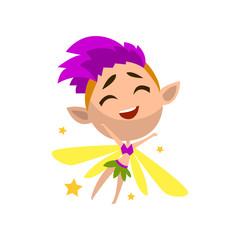 Sticker - Little winged elf girl with purple hair, cute fairytale character vector Illustration on a white background