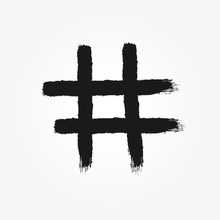 Hashtag Symbol Drawn By Hand With Rough Brush. Isolated Icon, Sign, Logo. Grunge, Graffiti, Sketch, Watercolor, Paint.