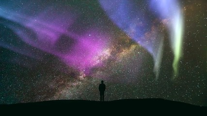 Wall Mural - The man standing against a meteor shower with a northern light. time lapse