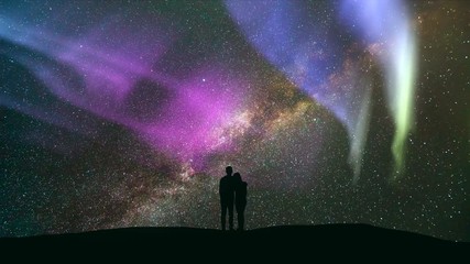 Wall Mural - The couple standing against the meteor shower with a northern light. time lapse