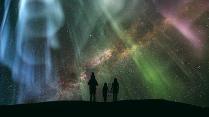 Wall Mural - The family standing against the star shower with a northern light. time lapse