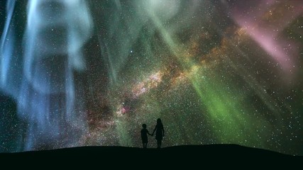 the kids standing against the star shower with a northern light. time lapse