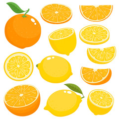 Bright vector set of juicy orange and lemon on white.