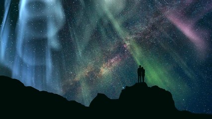 Wall Mural - The couple standing against a starry sky with a northern light. time lapse