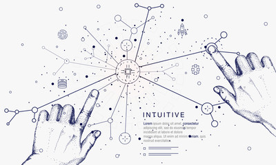 Innovations systems connecting people and robots devices. Future technologies in automatics cyborg systems and computers industry from awesome internet developments. Geometry style with linear pictogr