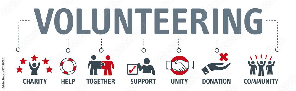 Banner Volunteer Voluntary Volunteering vector concept with icons - obrazy, fototapety, plakaty 