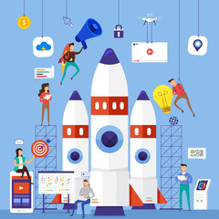 Canvas Print - Flat design concept team working for building startup company with rocket. Vector illustrate.